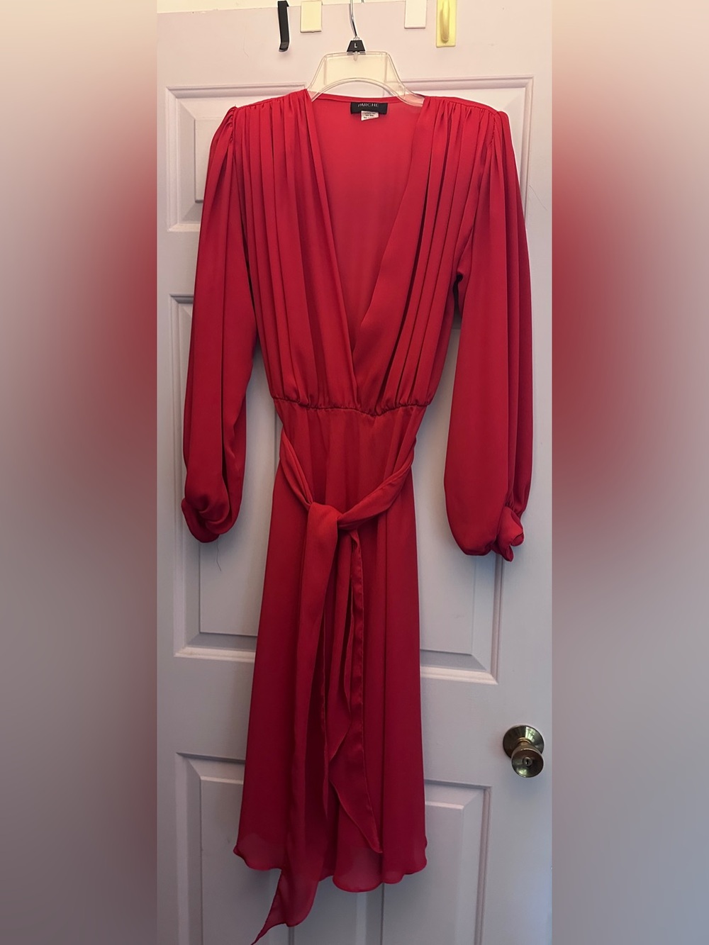 Parche Vintage Red Wrap Style Midi Dress Size 10 Long Sleeve Belted